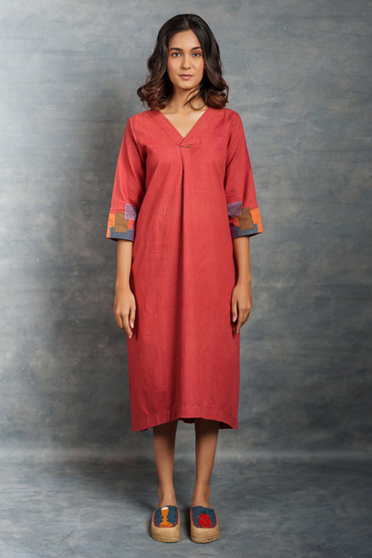 Buy Red Cotton A-Line Midi Dress by Thread Game for women online at ScrollnShops
